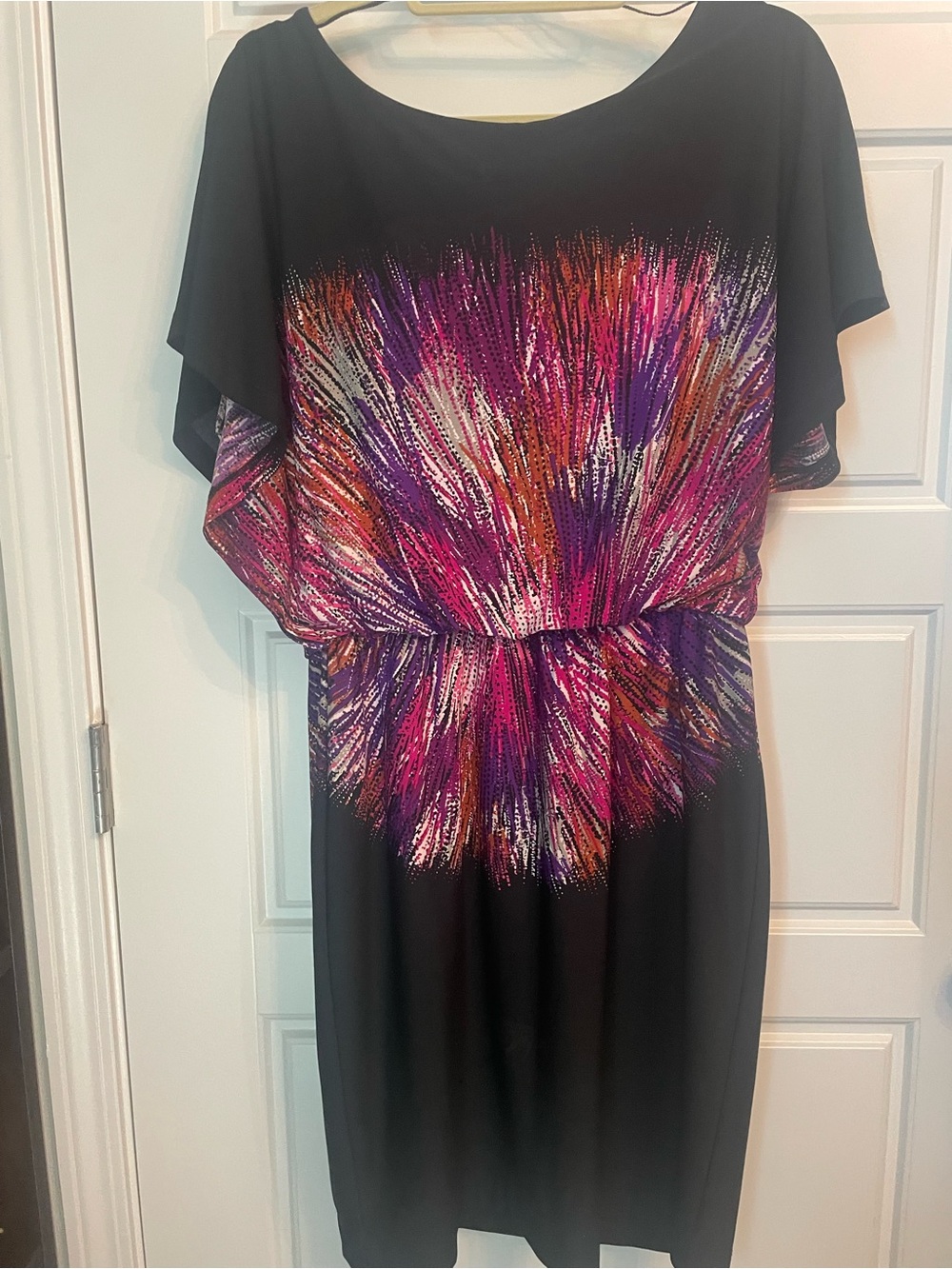 Maggy London Black Dress with Pink, Purple & Orange Burst Print